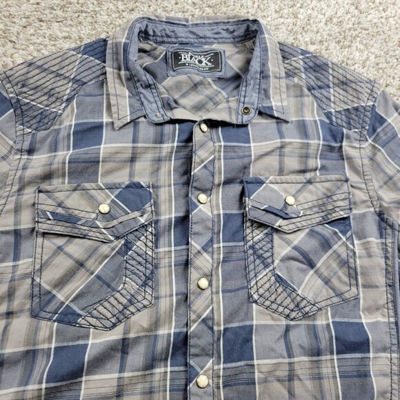 Buckle Black Pearl Snap Shirt Mens Medium Gray Blue Plaid Long Sleeve Standard - Picture 2 of 7